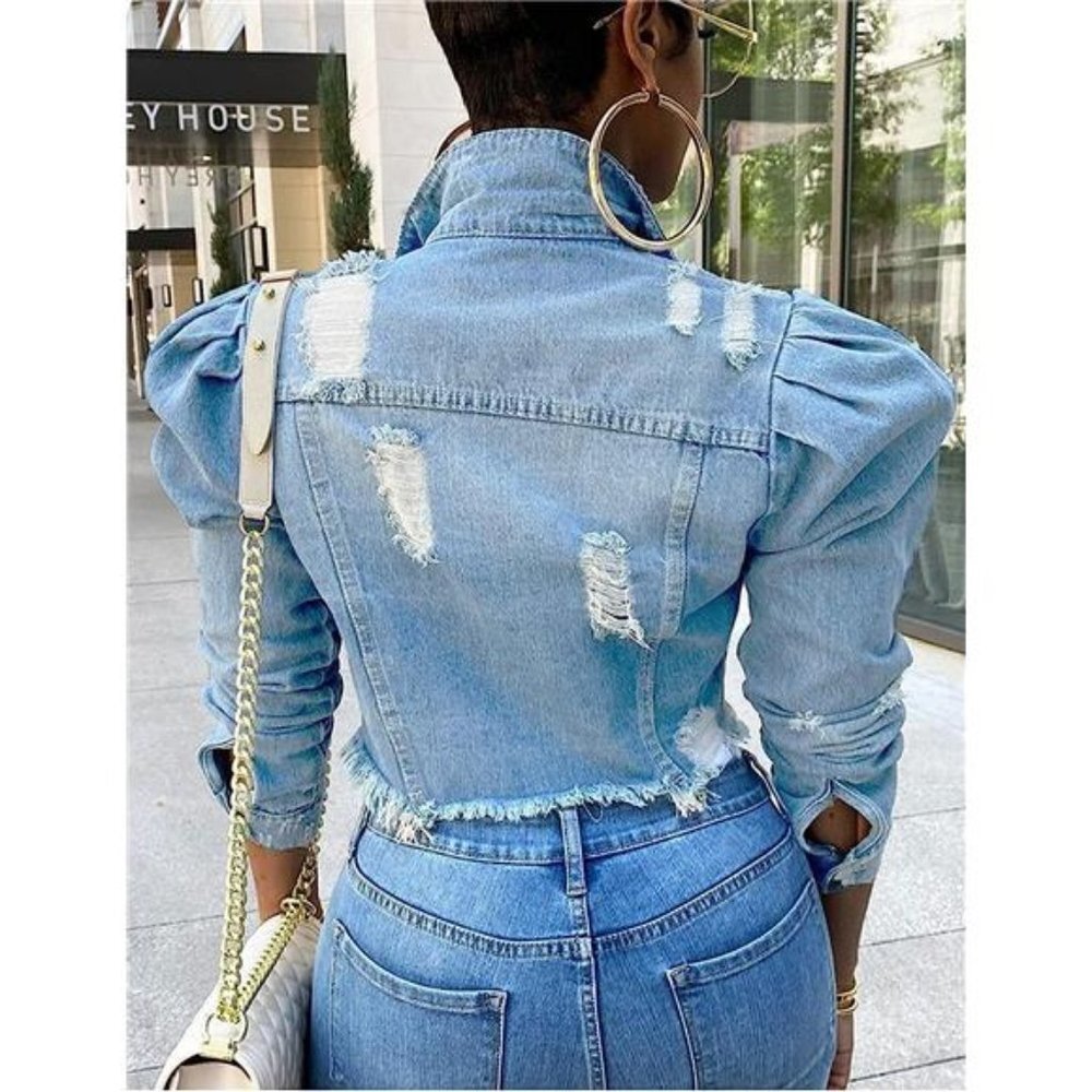 Light Wash Denim Jacket Puff Sleeve Distressed Blue Denim Cropped Jackets Top - Picture 3 of 5